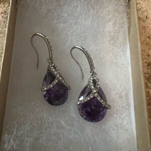 Brand new in original box designer amethyst and silver plated earrings